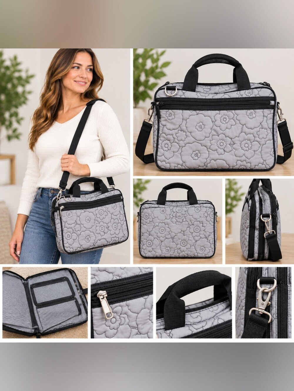 Thirty-one Quilted Floral Carry Bag in Light Gray